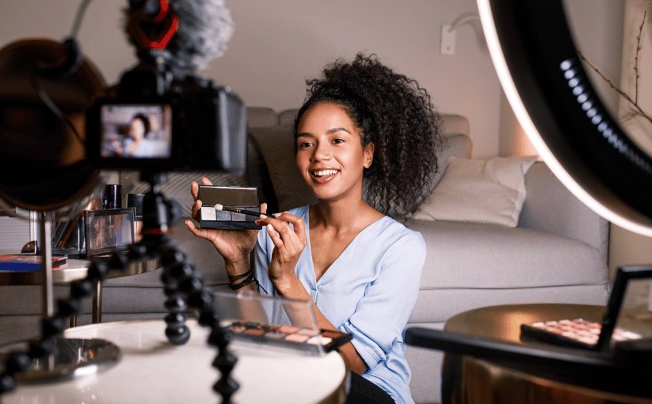woman in front of cameras